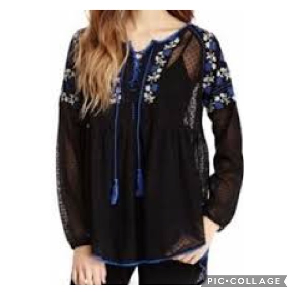 Free People Tops - Free People Swiss Dot Sheer Mesh Black Floral Embroidered Peasant Top Size XS